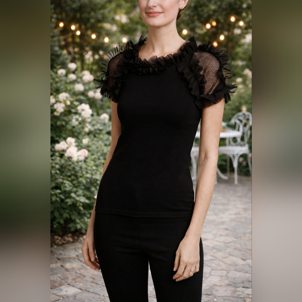 Gracia Black Ruffle Mesh Sleeve Top – Size L, NWT - Picture 1 of 3